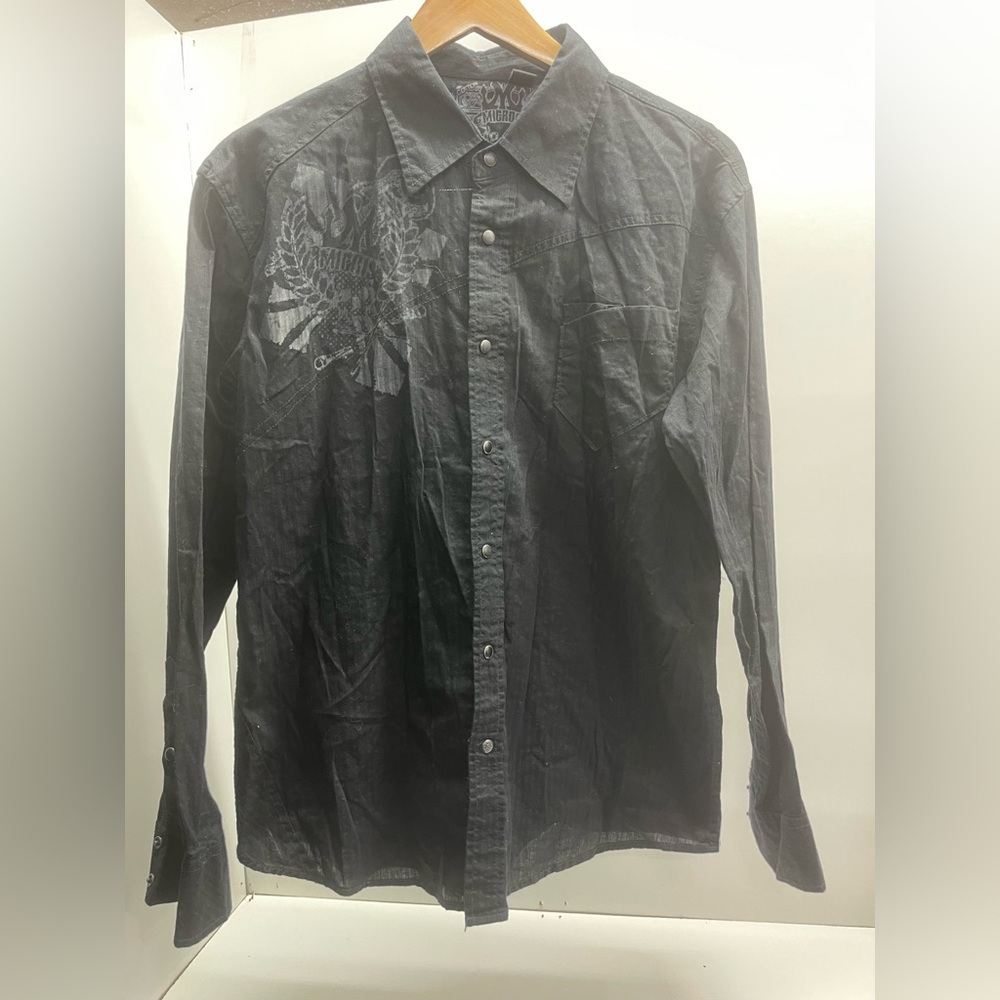 Micros Men's Black Long-Sleeve Button-Down Shirt with Left Chest Graphic Y2K